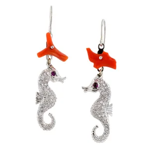 Coral, Ruby, & Diamond Pave Seahorse Earrings, RBC 0.56ctw.