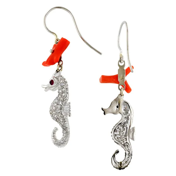 Coral, Ruby, & Diamond Pave Seahorse Earrings, RBC 0.56ctw.