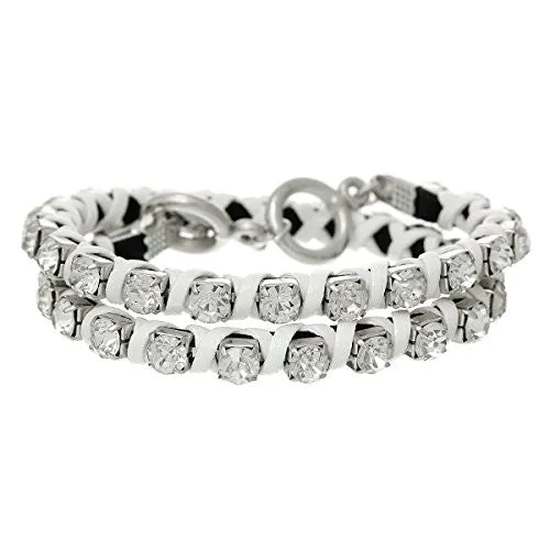 Cowhide Leather Toggle Clasp Bracelet White Clear Rhinestone 42cm(16 4/8") long
