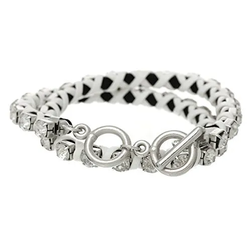 Cowhide Leather Toggle Clasp Bracelet White Clear Rhinestone 42cm(16 4/8") long