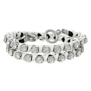 Cowhide Leather Toggle Clasp Bracelet White Clear Rhinestone 42cm(16 4/8") long