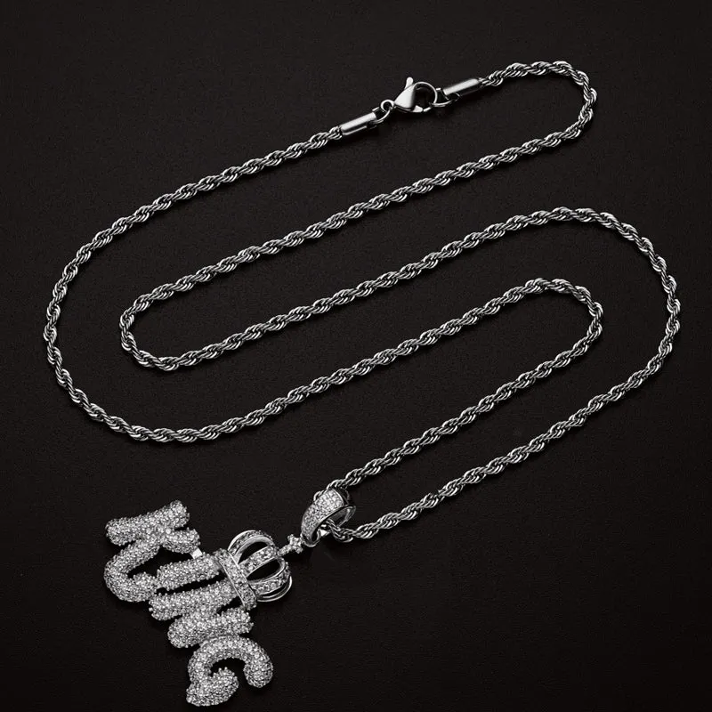 Created Diamond Letter KING Rope Chain Hip Hop Pendant Necklace