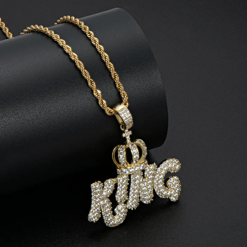 Created Diamond Letter KING Rope Chain Hip Hop Pendant Necklace