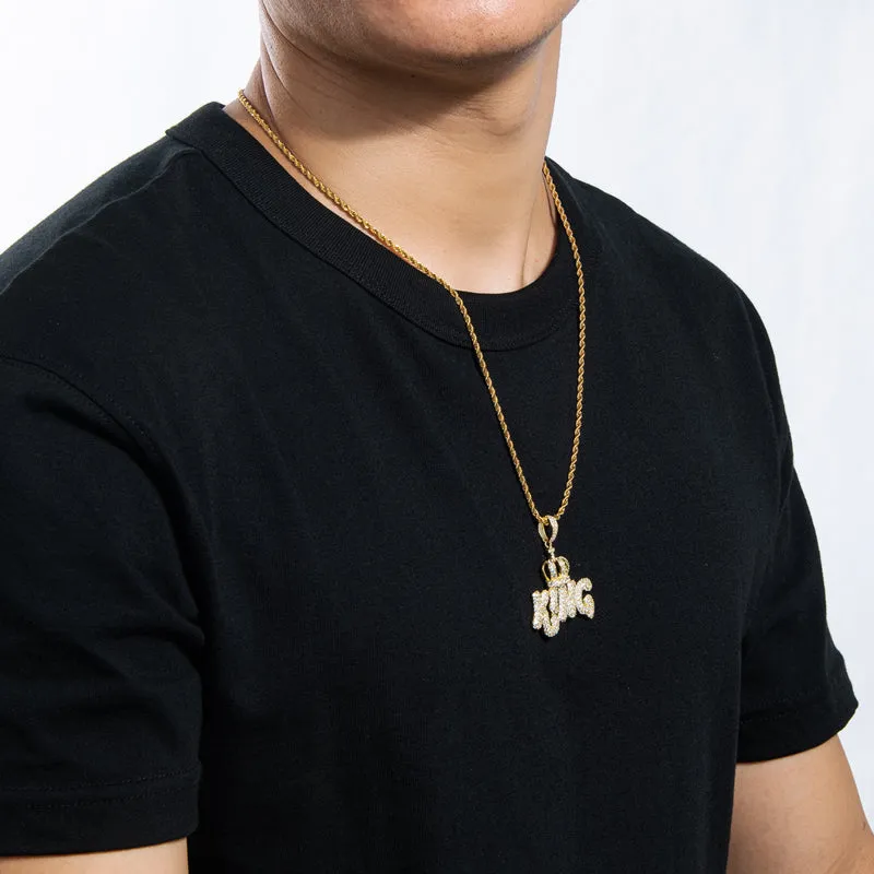 Created Diamond Letter KING Rope Chain Hip Hop Pendant Necklace