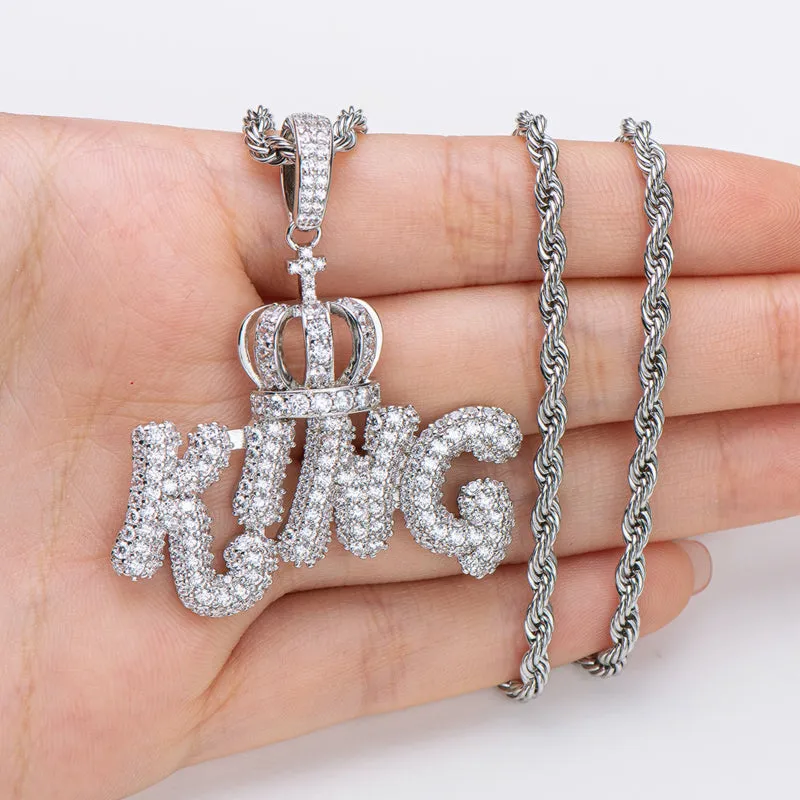 Created Diamond Letter KING Rope Chain Hip Hop Pendant Necklace