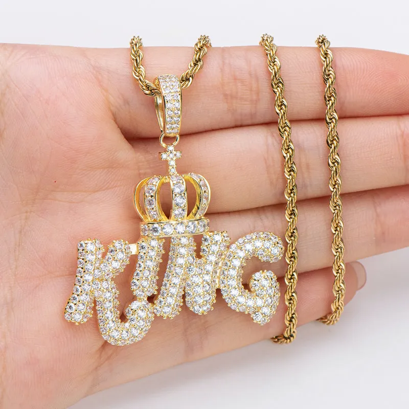 Created Diamond Letter KING Rope Chain Hip Hop Pendant Necklace