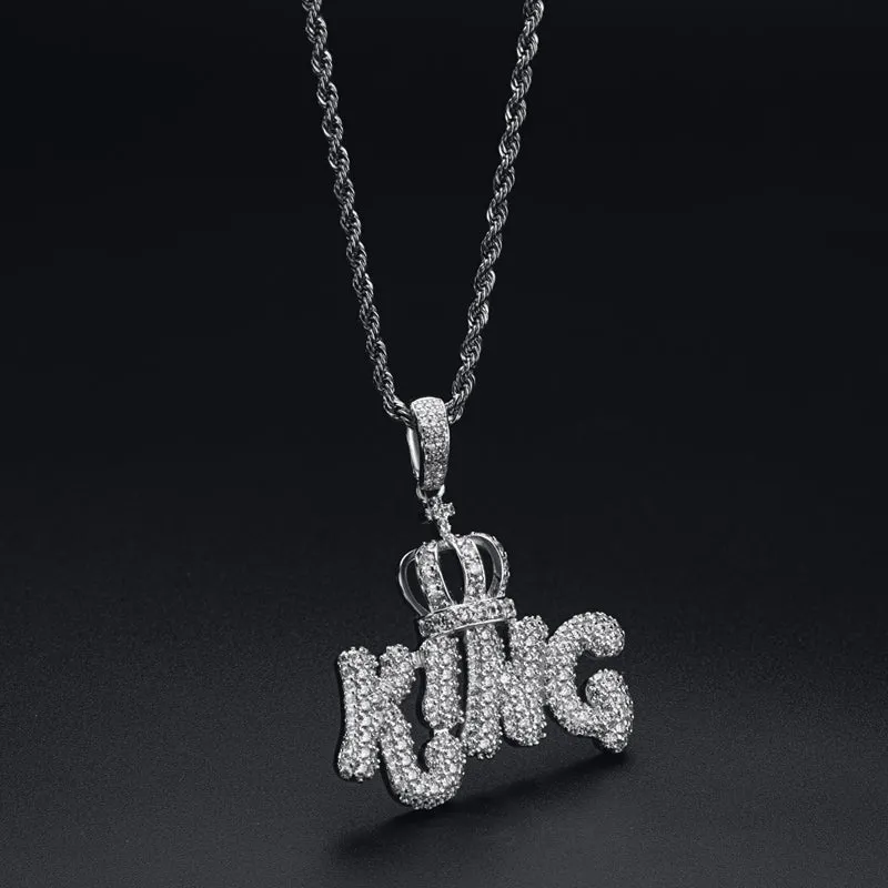 Created Diamond Letter KING Rope Chain Hip Hop Pendant Necklace