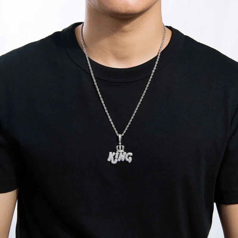 Created Diamond Letter KING Rope Chain Hip Hop Pendant Necklace