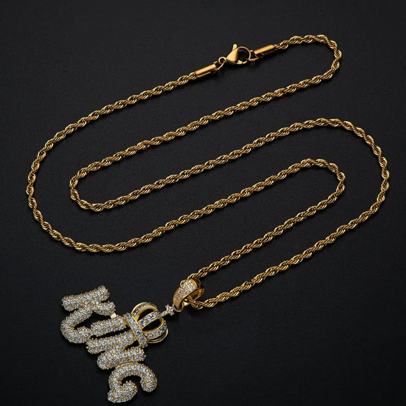 Created Diamond Letter KING Rope Chain Hip Hop Pendant Necklace
