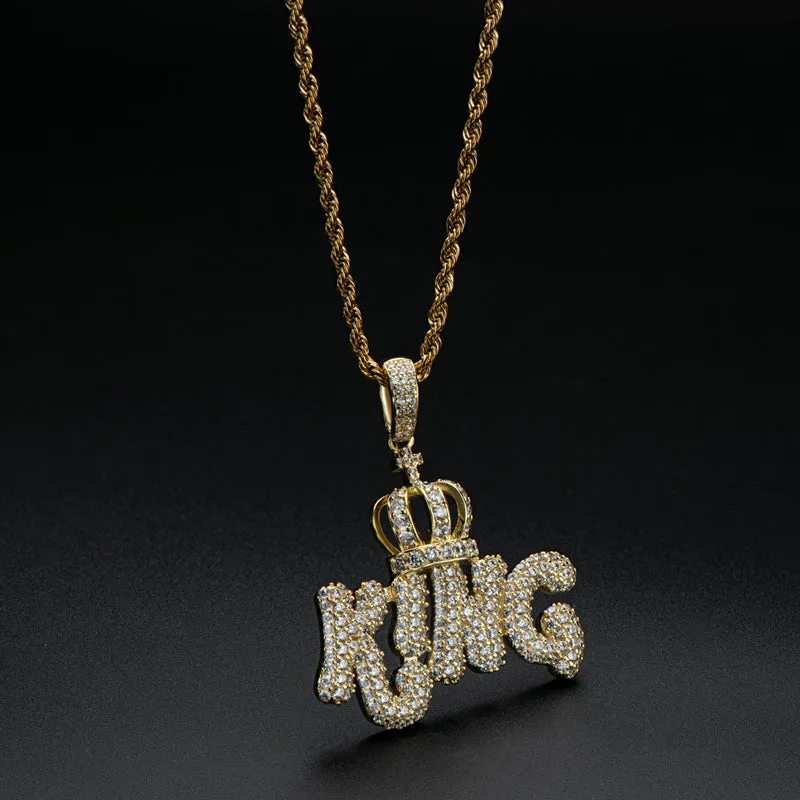Created Diamond Letter KING Rope Chain Hip Hop Pendant Necklace