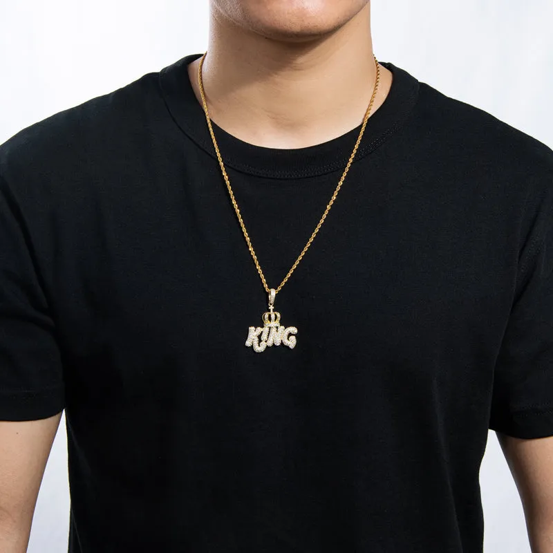 Created Diamond Letter KING Rope Chain Hip Hop Pendant Necklace