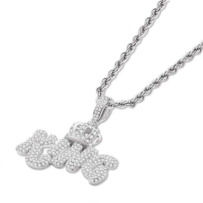 Created Diamond Letter KING Rope Chain Hip Hop Pendant Necklace
