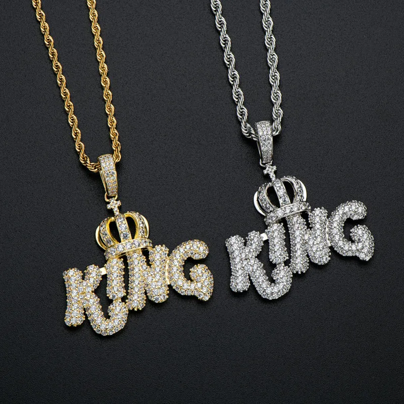 Created Diamond Letter KING Rope Chain Hip Hop Pendant Necklace