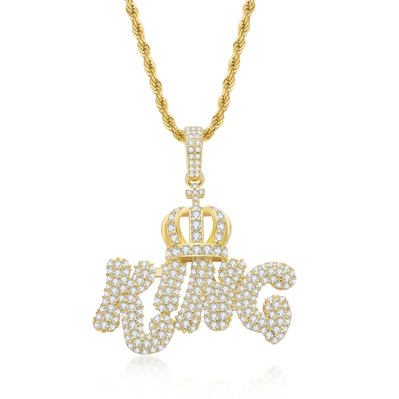 Created Diamond Letter KING Rope Chain Hip Hop Pendant Necklace