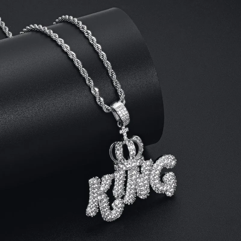 Created Diamond Letter KING Rope Chain Hip Hop Pendant Necklace