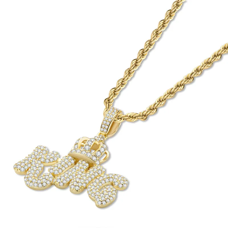 Created Diamond Letter KING Rope Chain Hip Hop Pendant Necklace