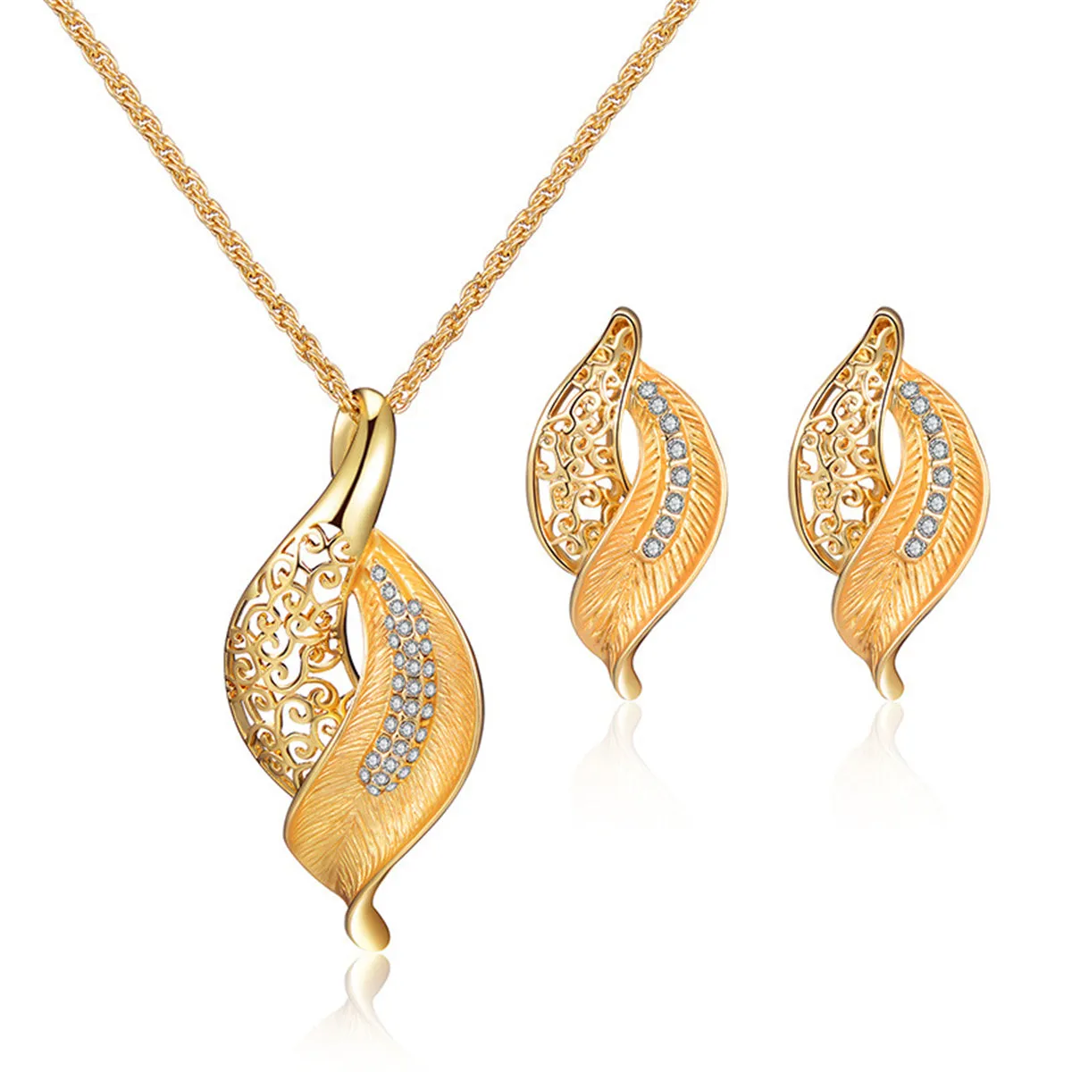 Cubic Zirconia & 18K Gold-Plated Leaf Drop Earrings & Pendant Necklace
