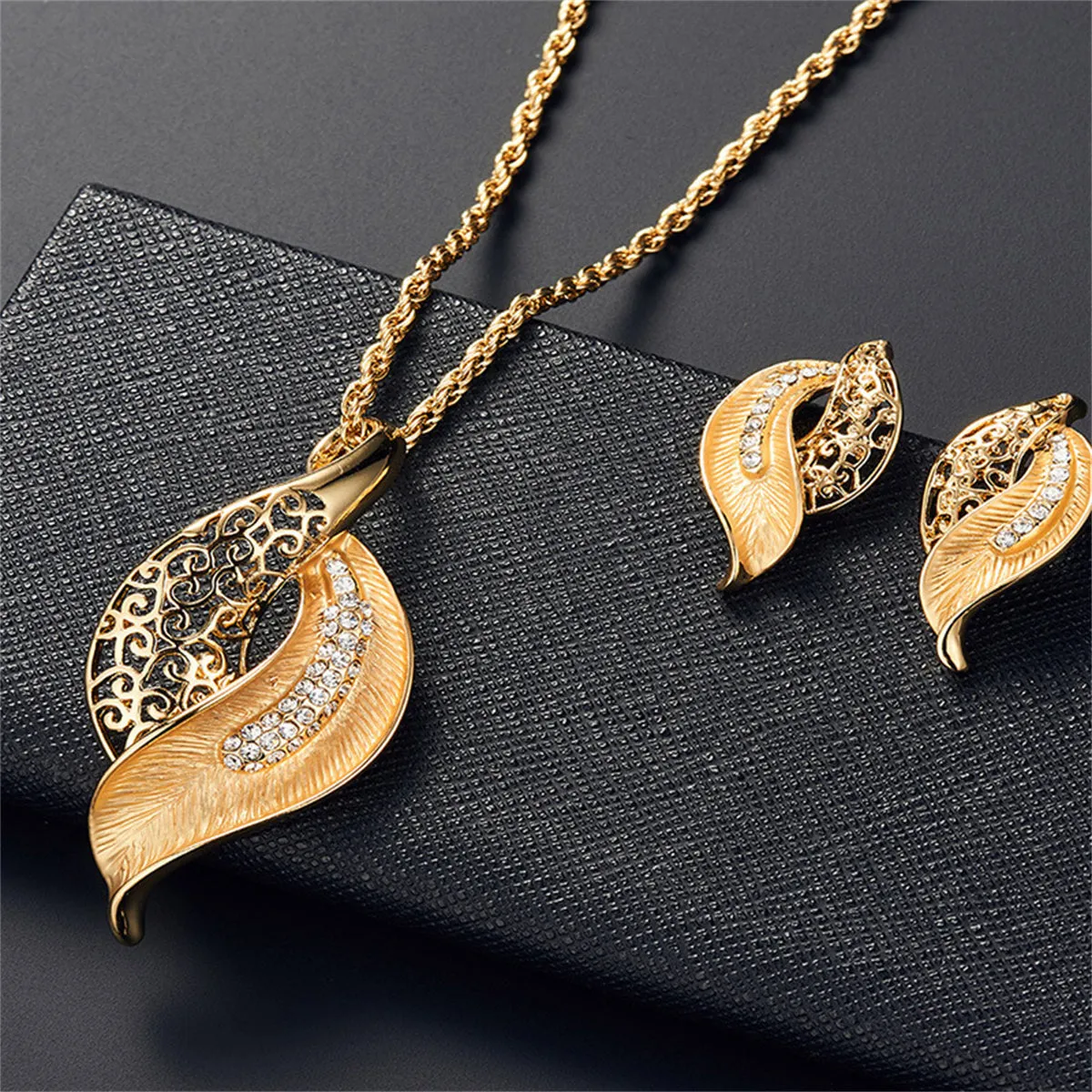 Cubic Zirconia & 18K Gold-Plated Leaf Drop Earrings & Pendant Necklace