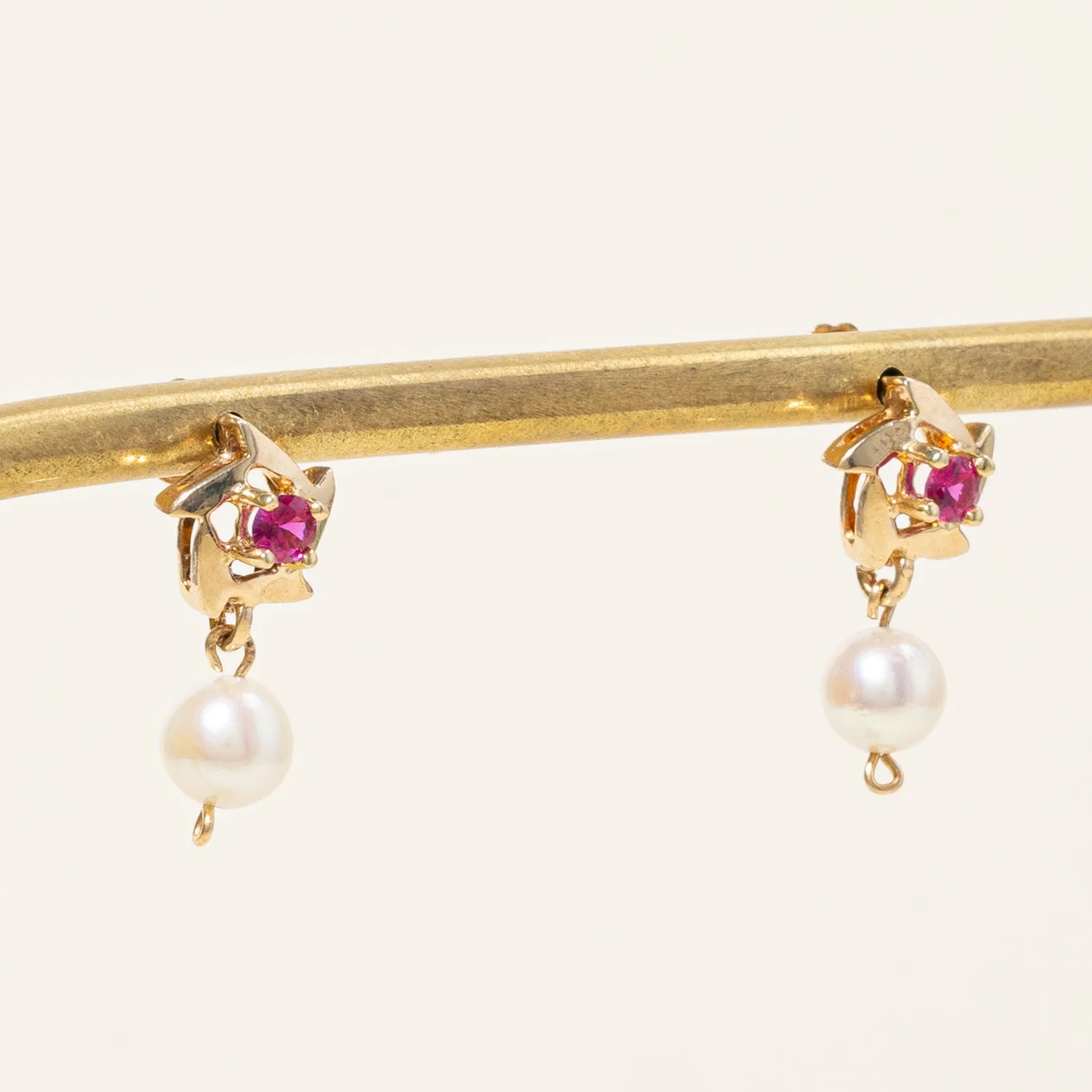 Cultured pearl & Synthetic Ruby Drop Earrings | 2.00ctw, 0.22ctw |