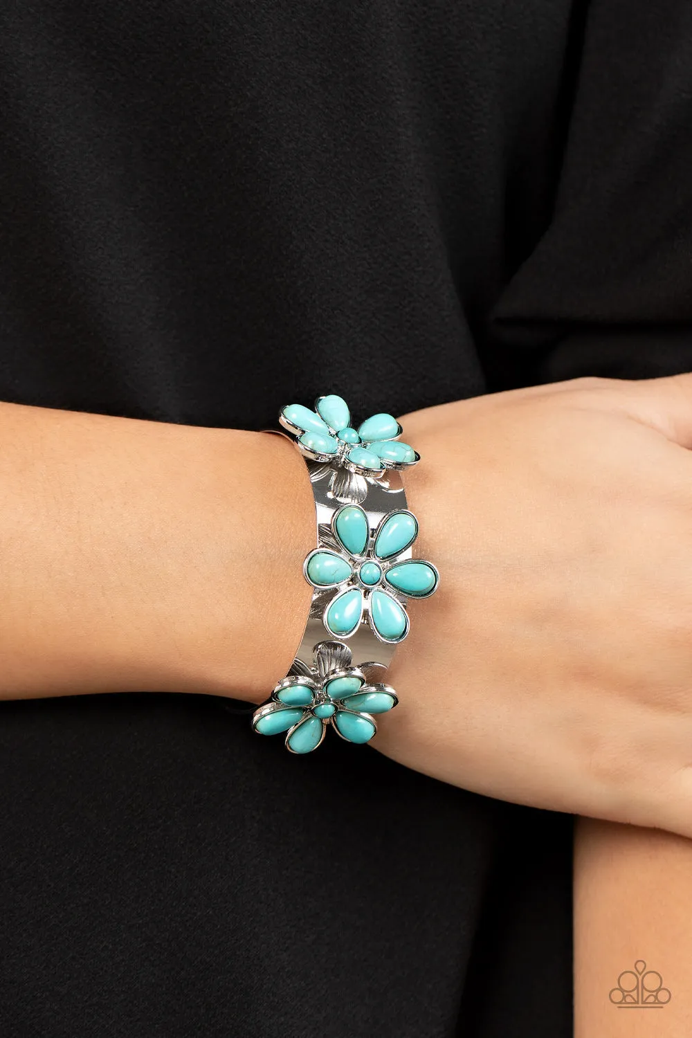 Desert Flower Patch - Blue - Turquoise Stone Flower Paparazzi Cuff Bracelet