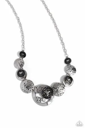 Dragonfly Design - Black - Painted and Hammered Silver Disc Paparazzi Short Necklace