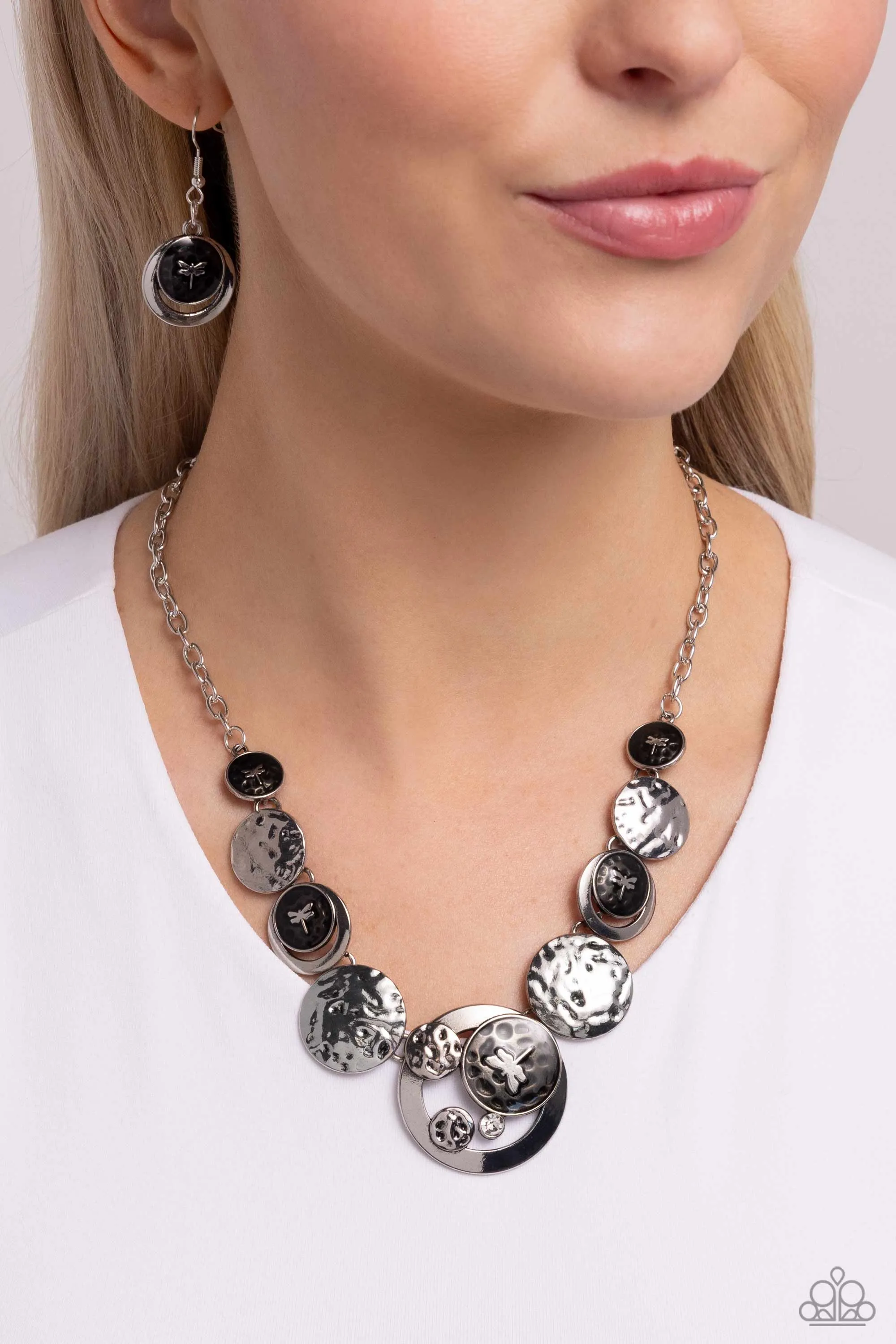 Dragonfly Design - Black - Painted and Hammered Silver Disc Paparazzi Short Necklace