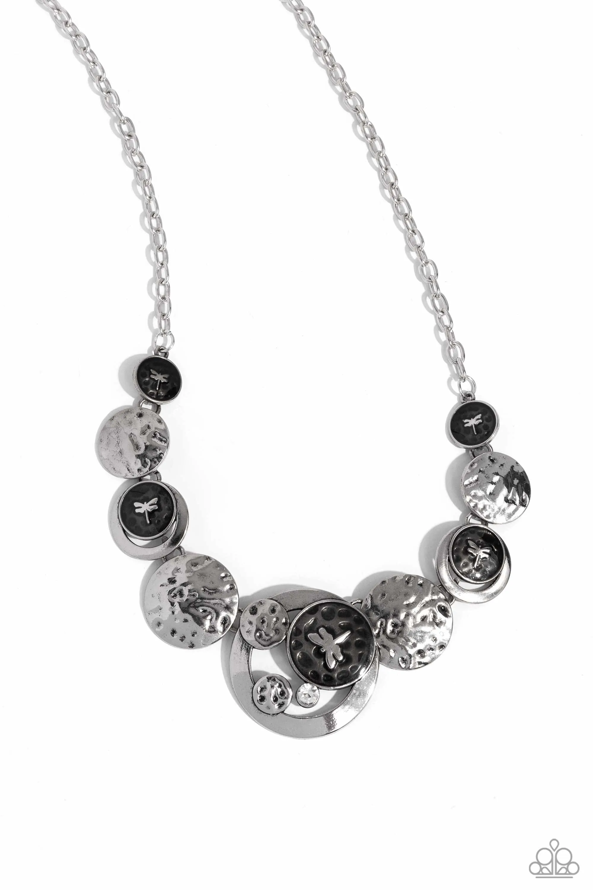 Dragonfly Design - Black - Painted and Hammered Silver Disc Paparazzi Short Necklace