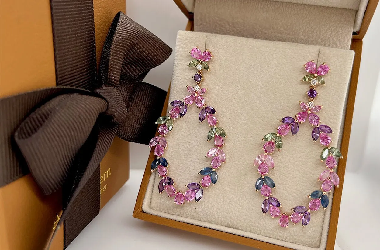 Earrings 18kt Gold Floral Sapphires Amethyst & Diamonds Drop