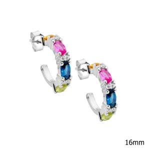 Ellani SS Multi Colour Oval & WH Rnd CZ 16mm Hoop Earrings