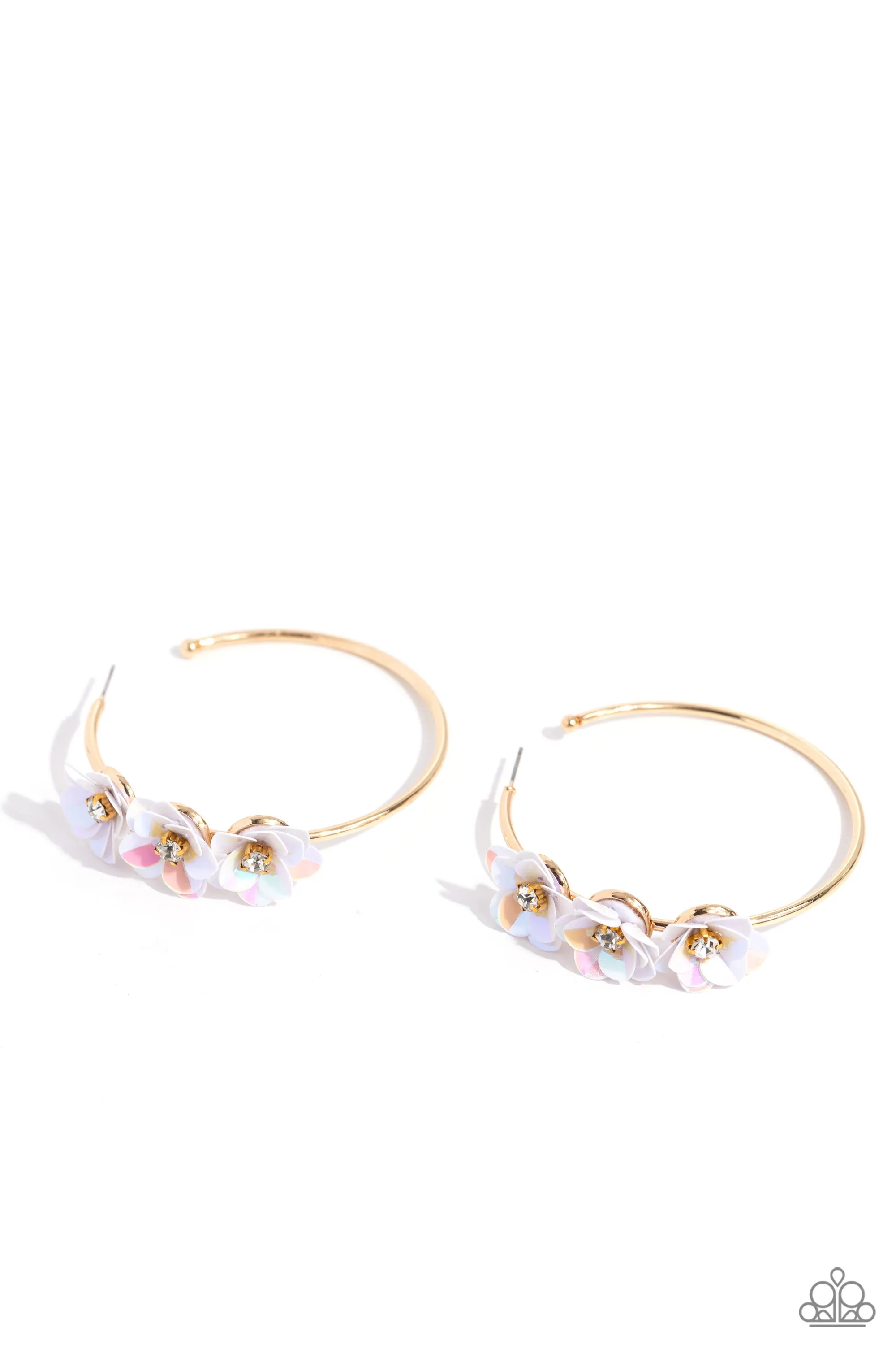 Ethereal Embellishment - Gold - Iridescent White Sequin Flower Paparazzi Hoop Earrings