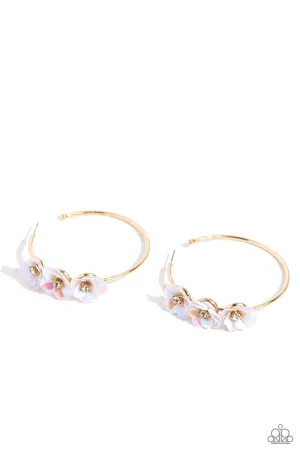 Ethereal Embellishment - Gold - Iridescent White Sequin Flower Paparazzi Hoop Earrings