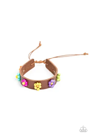Flowery Frontier - Multi - Beaded Flower Brown Leather Paparazzi Pull-Cord Bracelet - 2023 Empower Me Pink Exclusive