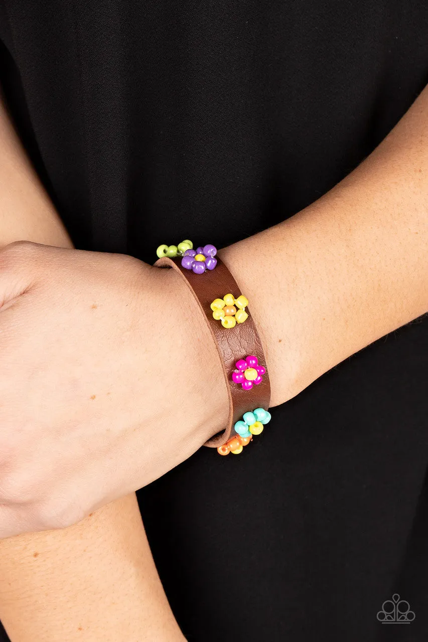Flowery Frontier - Multi - Beaded Flower Brown Leather Paparazzi Pull-Cord Bracelet - 2023 Empower Me Pink Exclusive