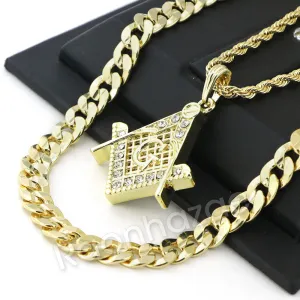 FREEMASON MASONIC CHARM ROPE CHAIN DIAMOND CUT CUBAN CHAIN NECKLACE G68