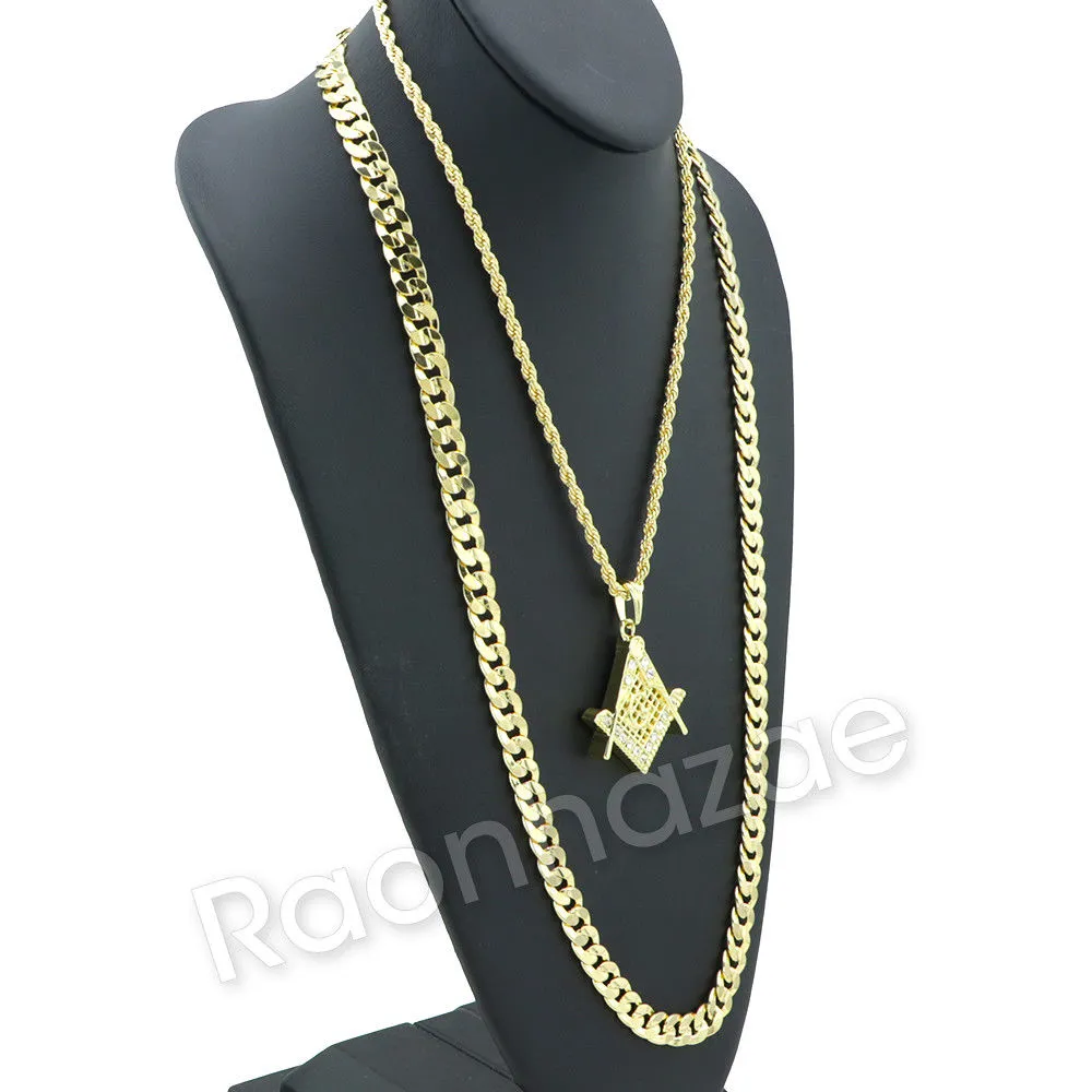 FREEMASON MASONIC CHARM ROPE CHAIN DIAMOND CUT CUBAN CHAIN NECKLACE G68