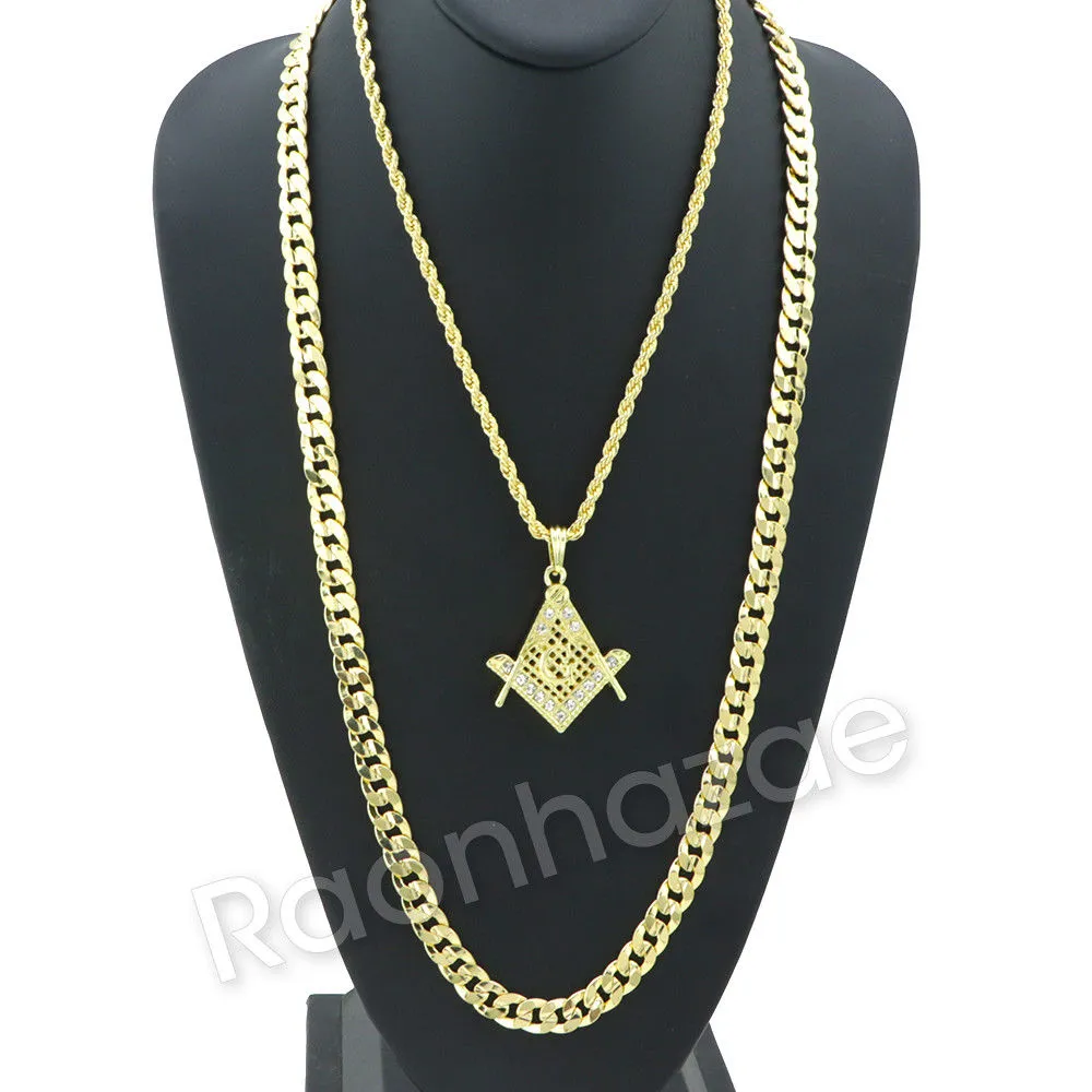 FREEMASON MASONIC CHARM ROPE CHAIN DIAMOND CUT CUBAN CHAIN NECKLACE G68