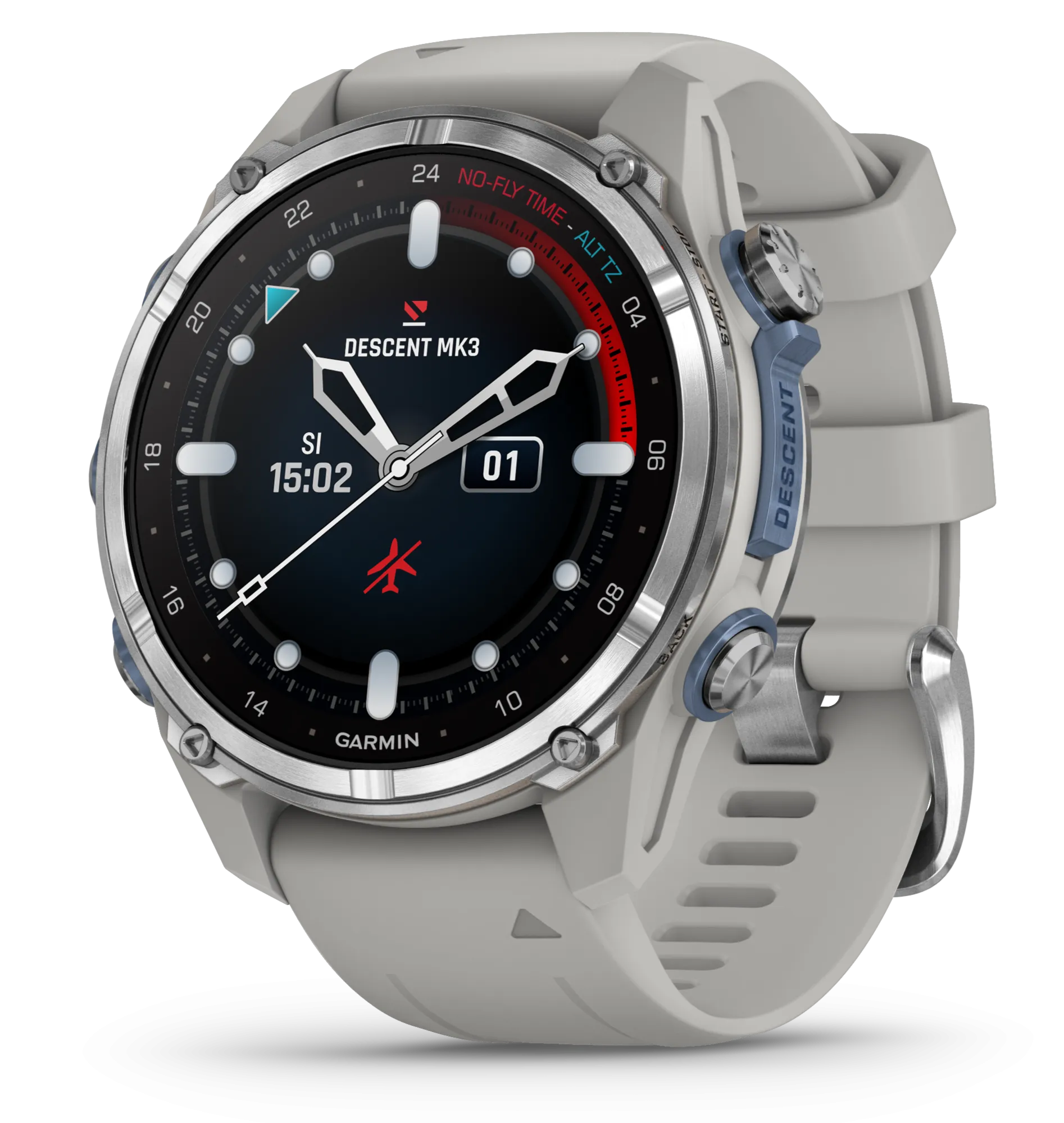 Garmin Descent Mk3 – 43 mm Stainless Steel with Fog Gray Silicone Band Watch-Style Dive Computer (010-02753-03)