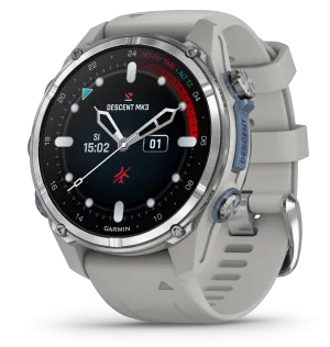 Garmin Descent Mk3 – 43 mm Stainless Steel with Fog Gray Silicone Band Watch-Style Dive Computer (010-02753-03)