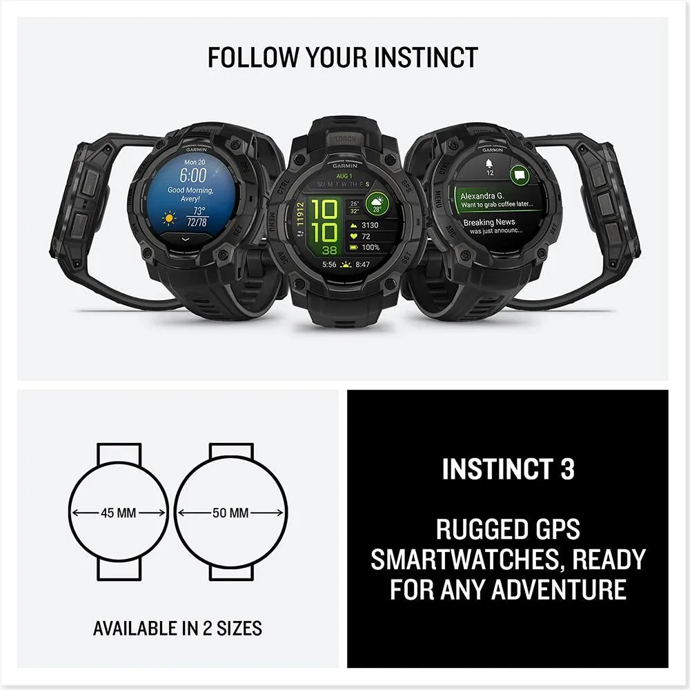 Garmin Instinct 3 - 45 mm Outdoor GPS Smartwatch, AMOLED, Black with Black Band