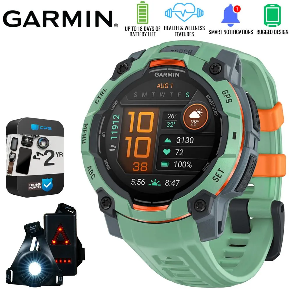 Garmin Instinct 3 45mm GPS Smartwatch, AMOLED   Wearable Light   2 Yr Warranty Bundle