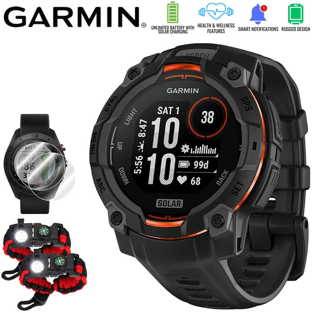 Garmin Instinct 3 45mm GPS Smartwatch, SOLAR, Black with Black Band  Accessories Bundle