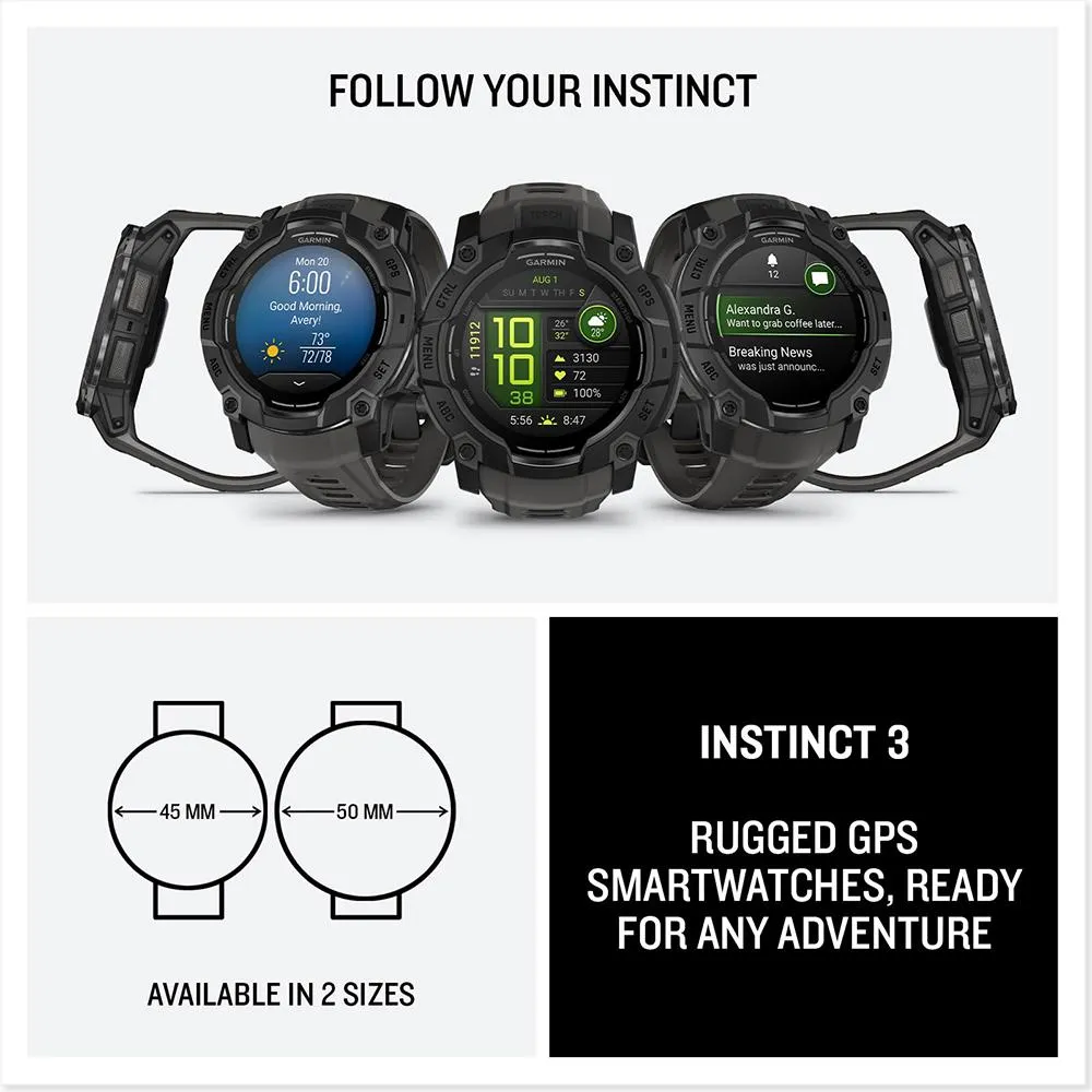 Garmin Instinct 3 50mm GPS Smartwatch, AMOLED   Wearable Light   2 Yr Warranty Bundle