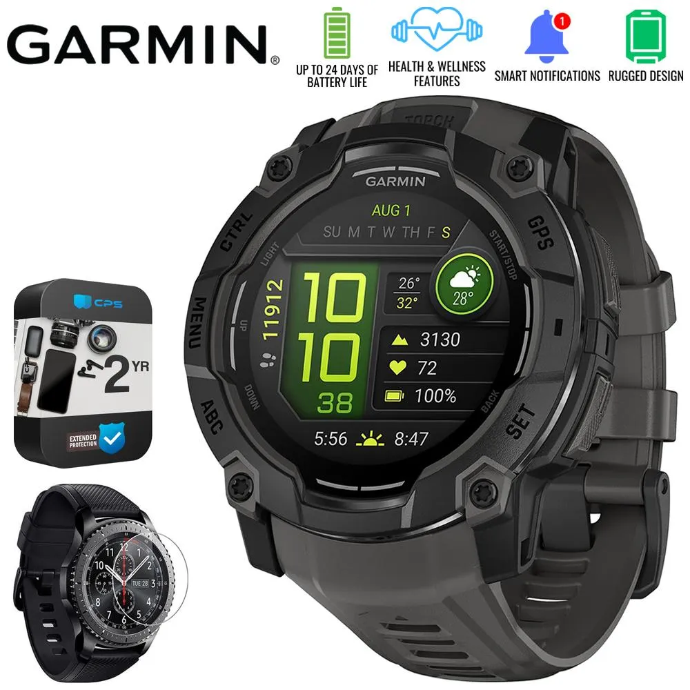 Garmin Instinct 3 50mm Outdoor GPS Smartwatch   Screen Protector   2 Yr Warranty Bundle