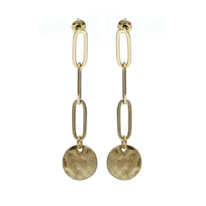 Gold Chain Link Earrings With Hammered Disc