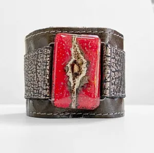 Handmade Leather Cuff with Recycled Fused Glass - Medium