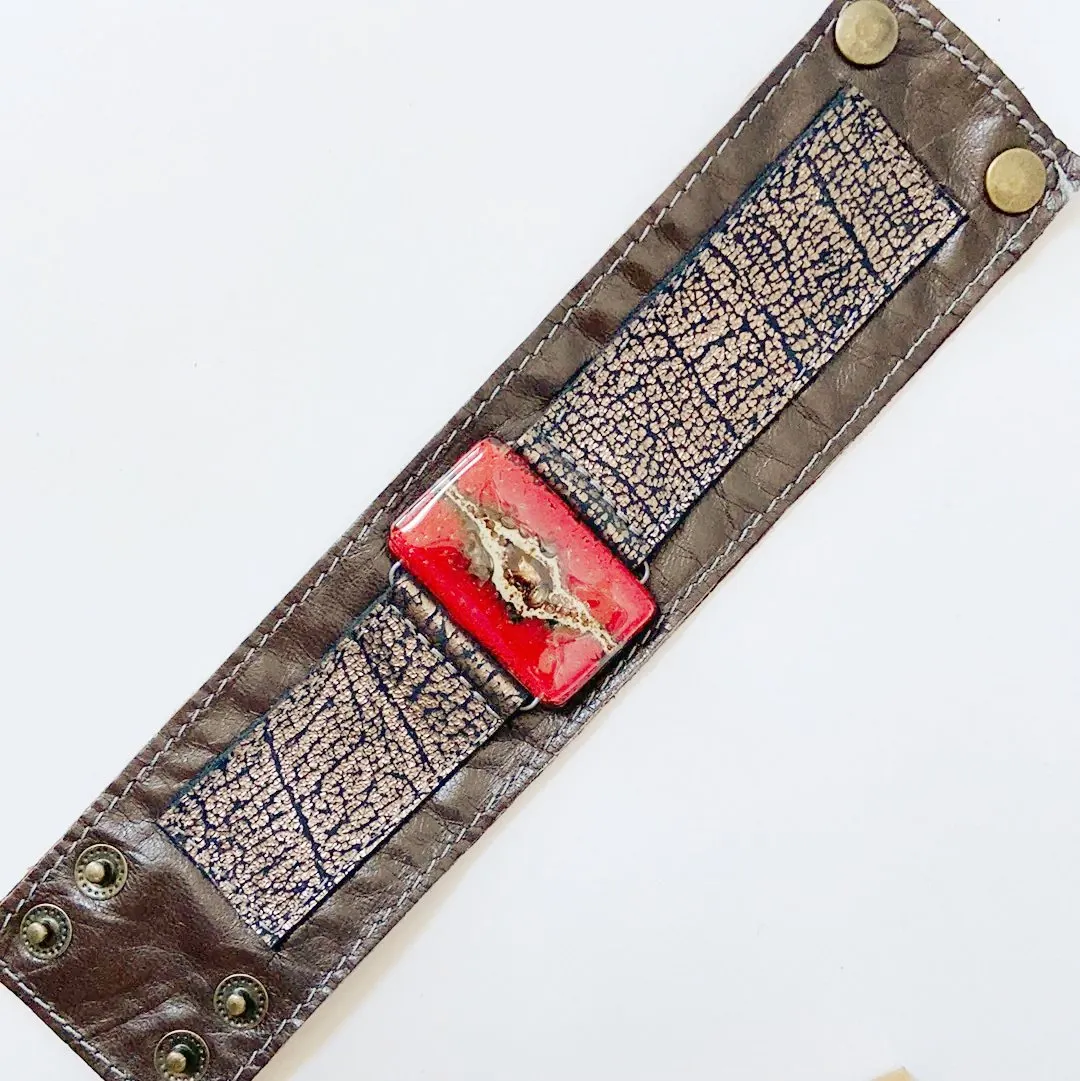 Handmade Leather Cuff with Recycled Fused Glass - Medium