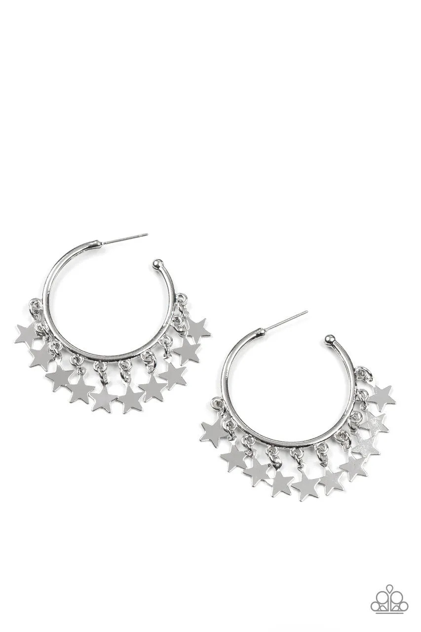 Happy Independence Day - Silver - Star Charm Patriotic Paparazzi Hoop Earrings
