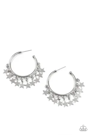 Happy Independence Day - Silver - Star Charm Patriotic Paparazzi Hoop Earrings