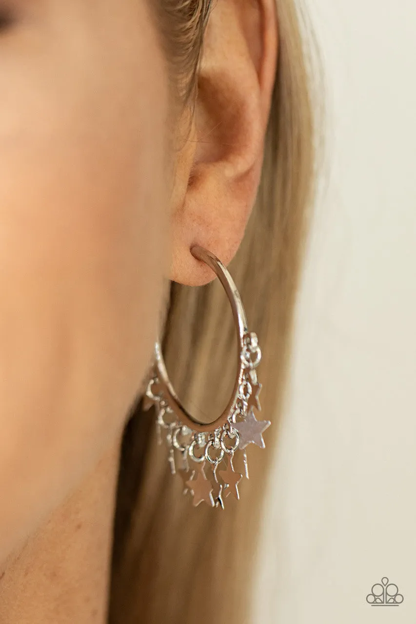 Happy Independence Day - Silver - Star Charm Patriotic Paparazzi Hoop Earrings
