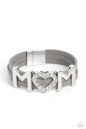 Heart of Mom - Silver - Gray Leather Silver "MOM" Heart Rhinestone Paparazzi Magnetic Bracelet